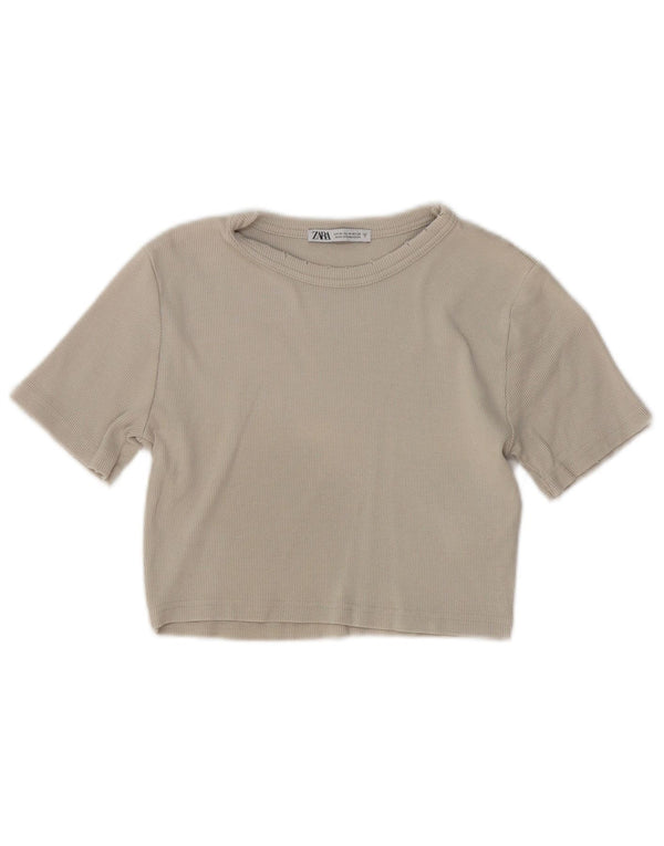 Zara Camiseta Corta Desgastada para Mujer UK 40 Algodón Gris Medio