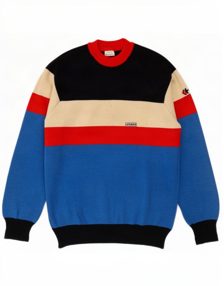 Vintage hombres cuello redondo jersey suéter IT 46 pequeño bloque de color multicolor