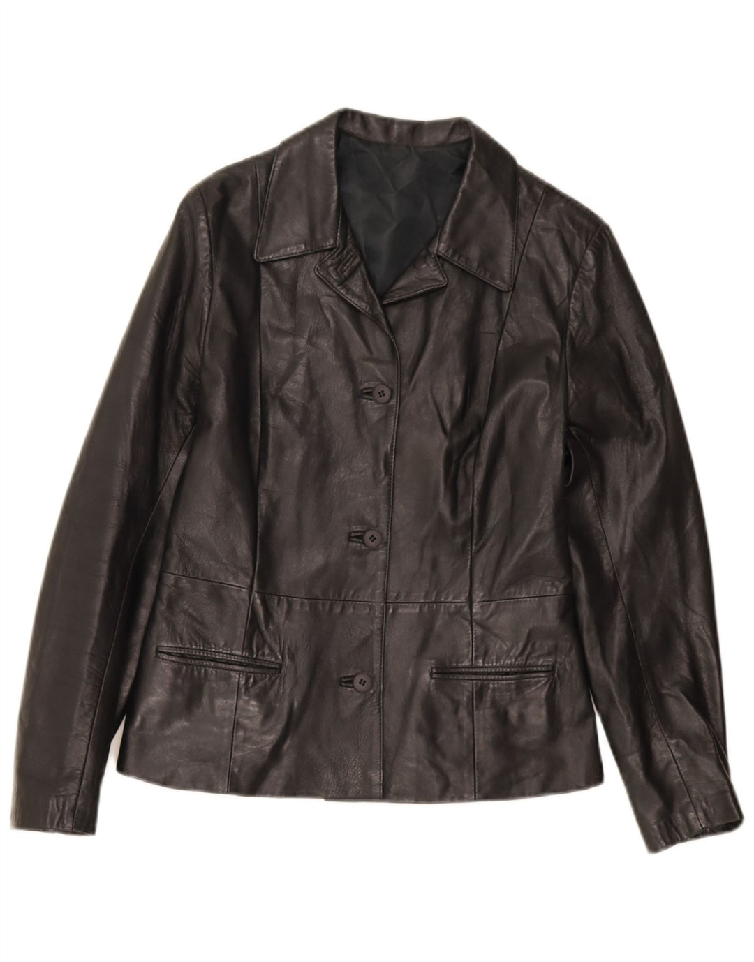 Vintage mujer 3 botones cuero Blazer chaqueta IT 44 cuero negro medio