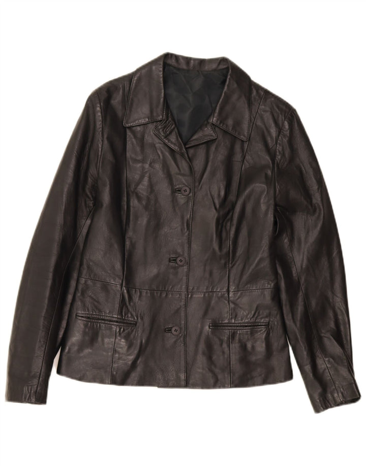 Vintage mujer 3 botones cuero Blazer chaqueta IT 44 cuero negro medio