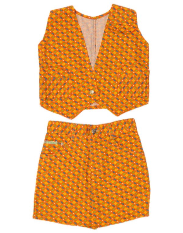 Vintage mujer 2 piezas falda set Reino Unido 4 XS W24 naranja algodón geométrico