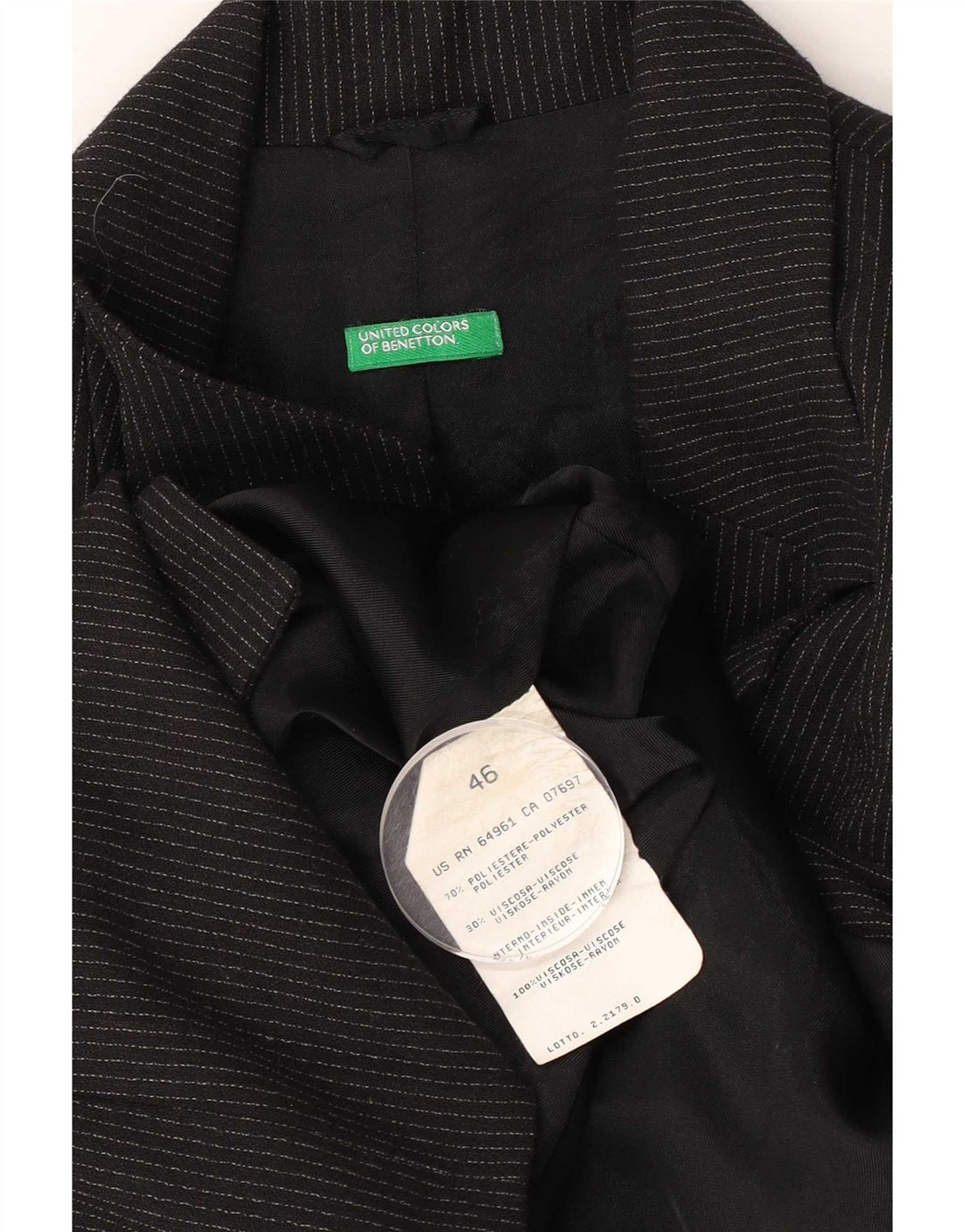 Benetton Chaqueta Americana De 3 Botones IT 46 Grande A Rayas Negras