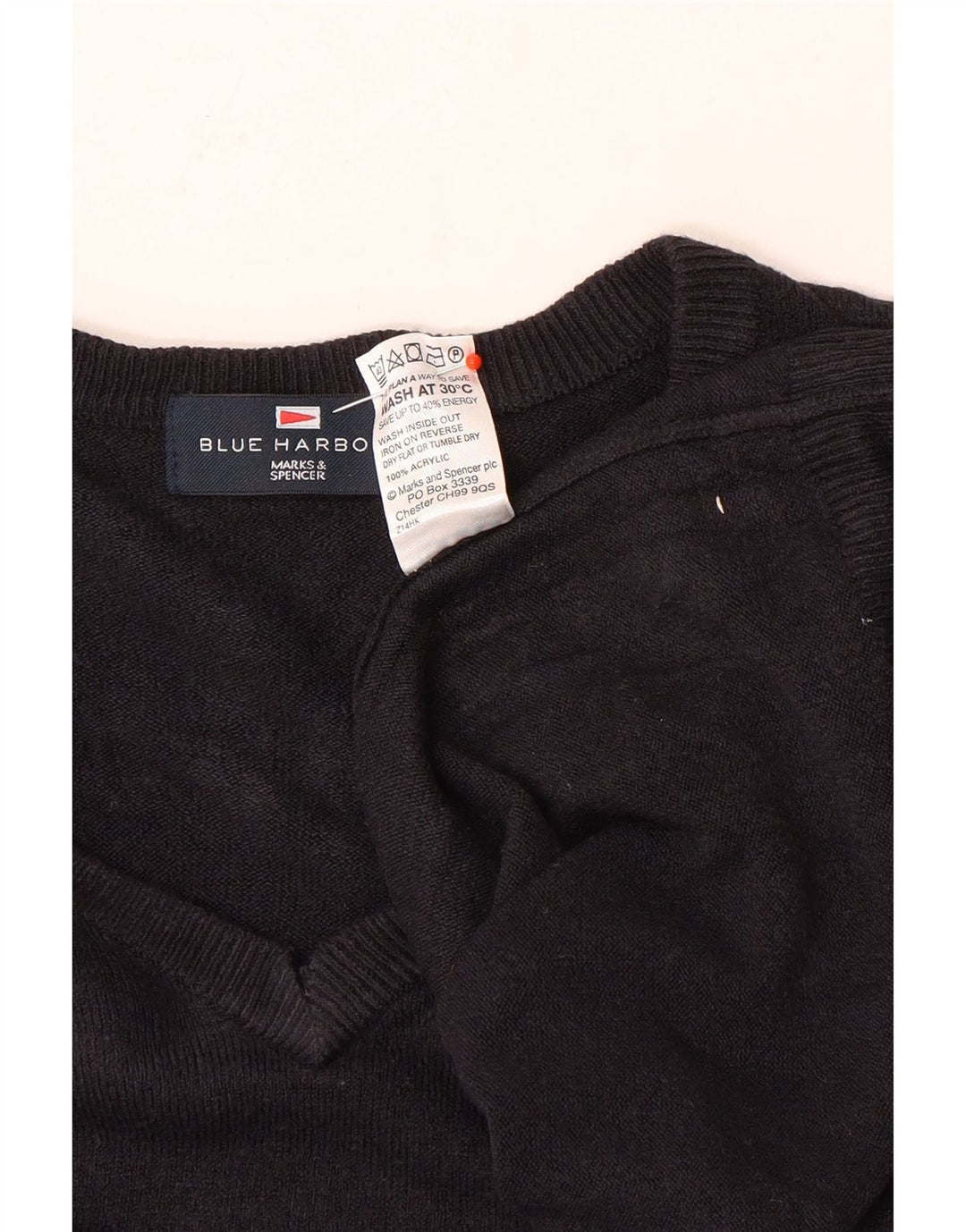 Marks & Spencer Suéter tipo jersey con cuello en V azul Harbor para hombre, talla grande, azul marino