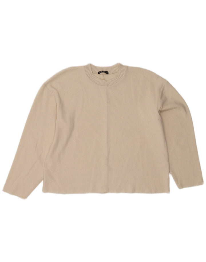 Zara - Jersey corto con cuello redondo para mujer, talla 40, poliéster blanco mediano