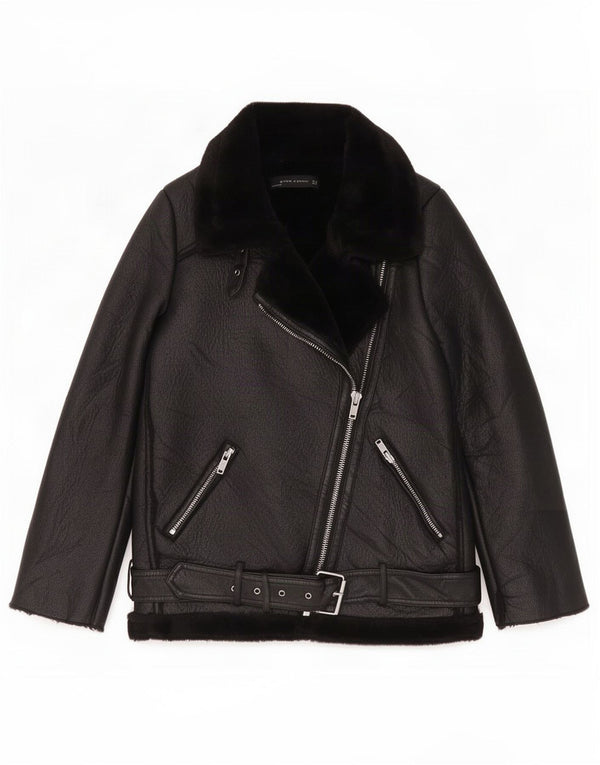 Zara Mujer Chaqueta Sherpa De Piel Sintética UK 6 XS Poliéster Negro