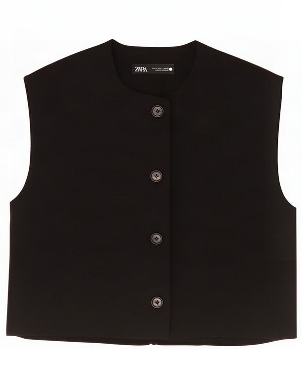 Zara Mujer Crop Chaleco UK 40 Pequeño Poliéster Negro