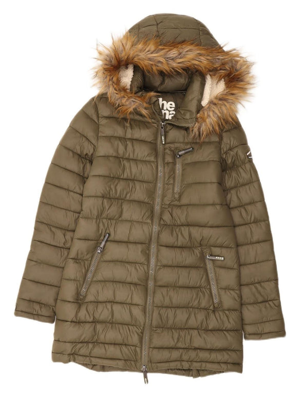 Superdry Abrigo acolchado con capucha para mujer, UK 44, Nylon caqui mediano