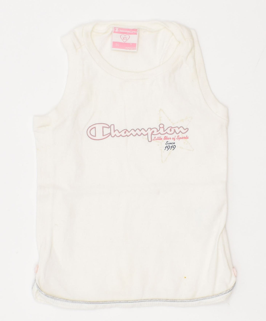 CHAMPION Girls Graphic Vest Top 6-9 Months White Cotton | Vintage | Thrift | Second-Hand | Used Clothing | Messina Hembry 